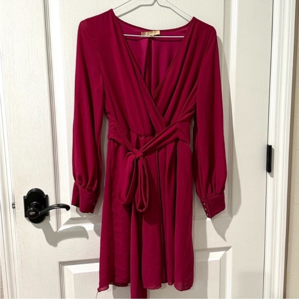 Ricarica Fuchsia Pink Chiffon Long Sleeve Faux Wrap Dress